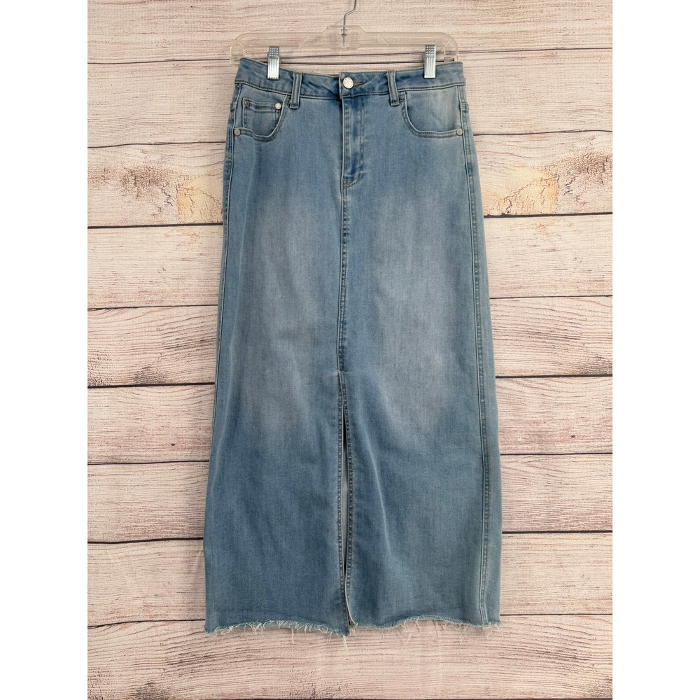 OAT New York Denim Maxi Skirt Womens 4/27 Light Wash Frayed Hem Front Slit K0009